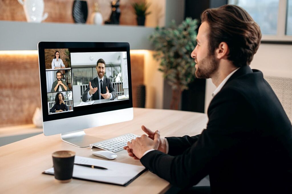 Professionals holding a video conference; centers of excellence concept