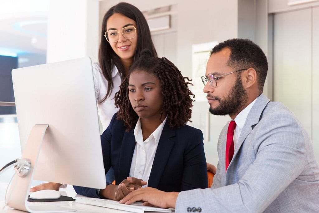 Team of professionals looking at computer monitor; demonstrate value concept