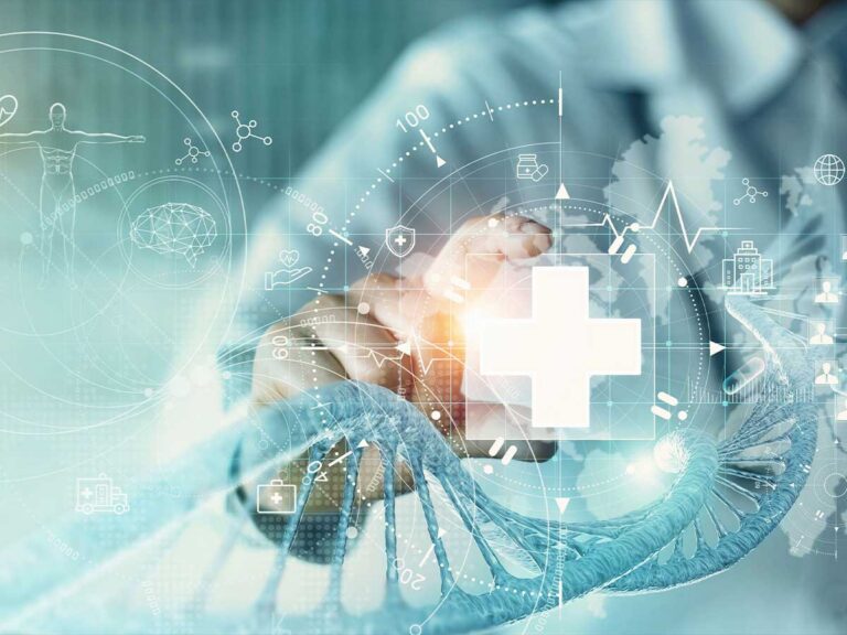 Doctor touching white cross of healthcare for rare disease diagnosis